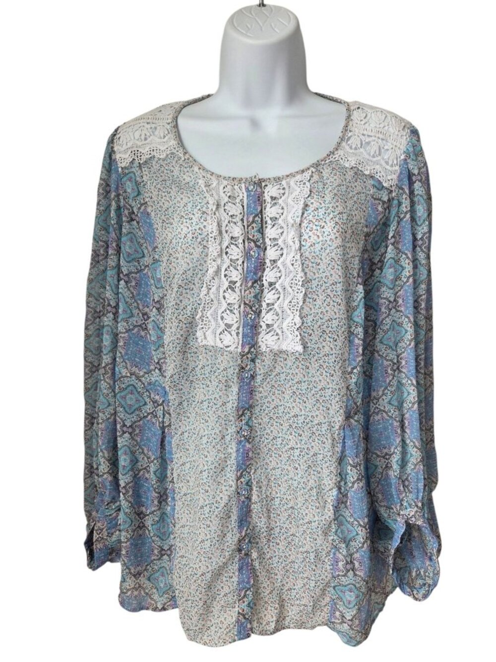 Falmer Heritage Grannycore Semi Sheer Blouse With Lace Trim Multi-Color UK 18